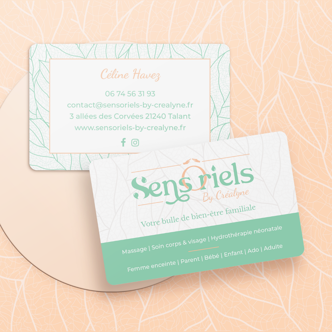 Mockup carte de visite sur fond pattern Sensoriels massages apaisants pour toute la famille Dijon